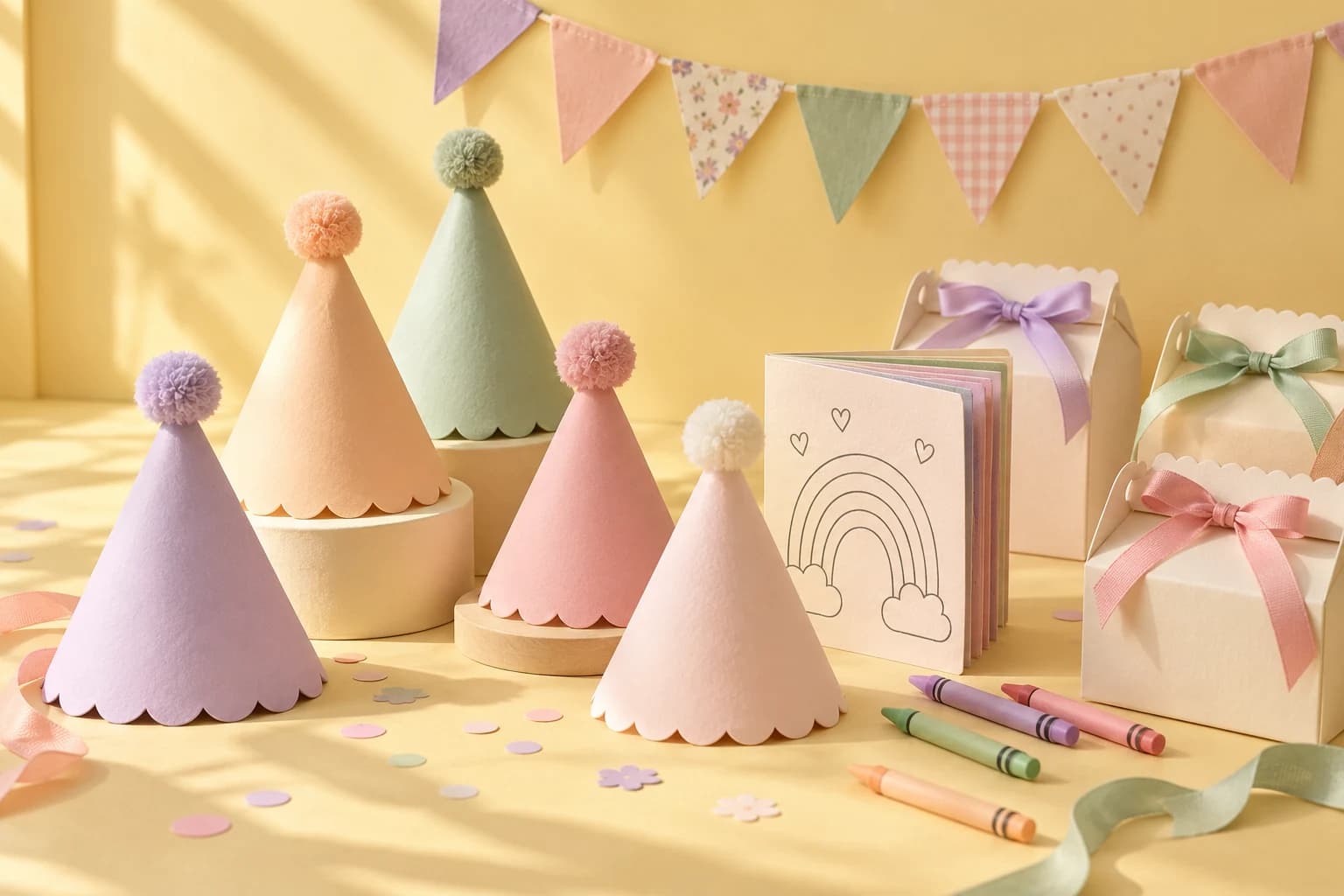 Bonetes pastel con pompones, libritos para colorear y cajitas con moños sobre una mesa amarilla